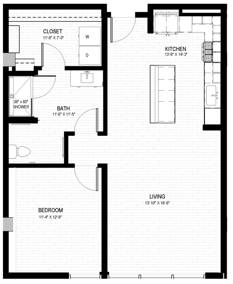 Floor plan for 1 bed, 1 bath, 859 sqft
